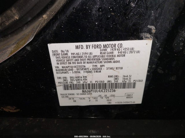 Продажа на аукционе авто 2018 Ford Ecosport Se, vin: MAJ6P1UL4JC225236, номер лота: 45023984