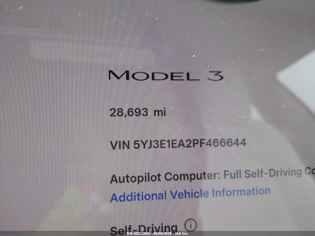 45023985 :رقم المزاد ، 5YJ3E1EA2PF466644 vin ، 2023 Tesla Model 3 Rear-wheel Drive مزاد بيع