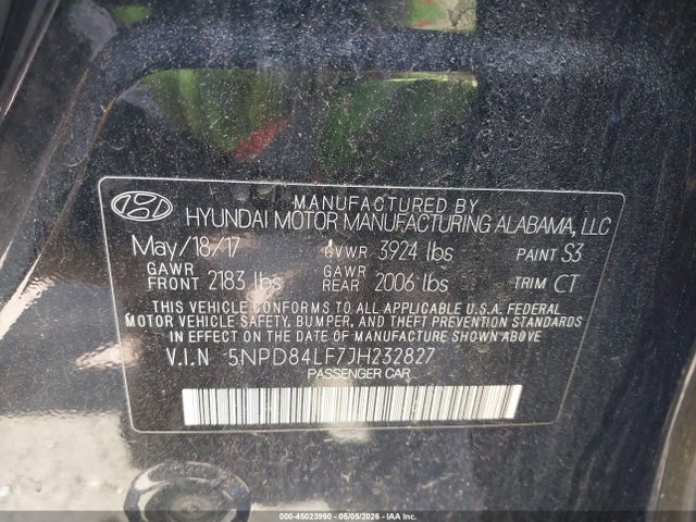 45023990 :رقم المزاد ، 5NPD84LF7JH232827 vin ، 2018 Hyundai Elantra Sel مزاد بيع
