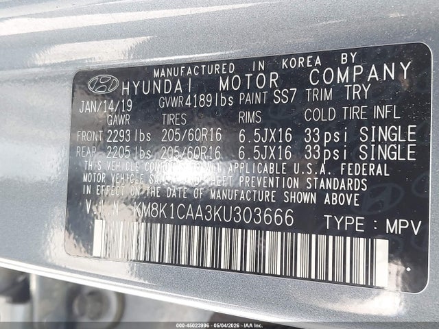 Aukcja sprzedaży 2019 Hyundai Kona Se, vin: KM8K1CAA3KU303666, numer aukcji: 45023996