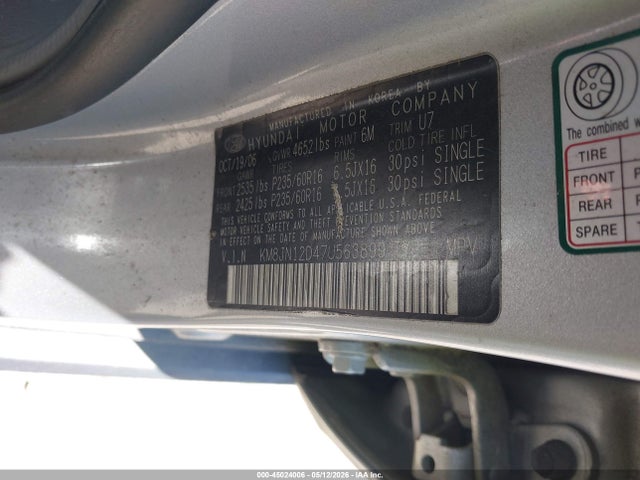 2007 Hyundai Tucson Limited/se მანქანა იყიდება აუქციონზე, vin: KM8JN12D47U563899, აუქციონის ნომერი: 45024006