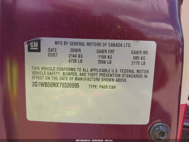 2007 Chevrolet Impala Ls მანქანა იყიდება აუქციონზე, vin: 2G1WB58NX79326995, აუქციონის ნომერი: 45024010