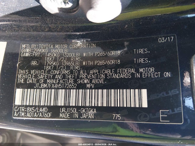 45024013 :رقم المزاد ، JTJBM7FX4H5172652 vin ، 2017 Lexus Gx 460 مزاد بيع