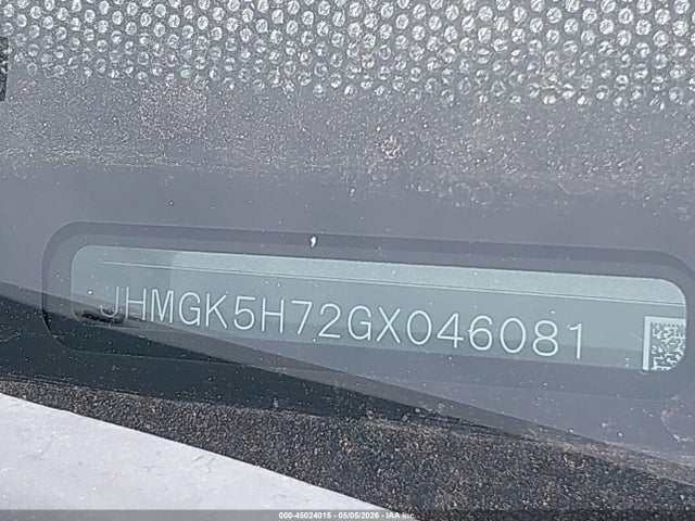 45024015 :رقم المزاد ، JHMGK5H72GX046081 vin ، 2016 Honda Fit Ex مزاد بيع