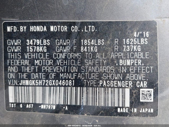 45024015 :رقم المزاد ، JHMGK5H72GX046081 vin ، 2016 Honda Fit Ex مزاد بيع