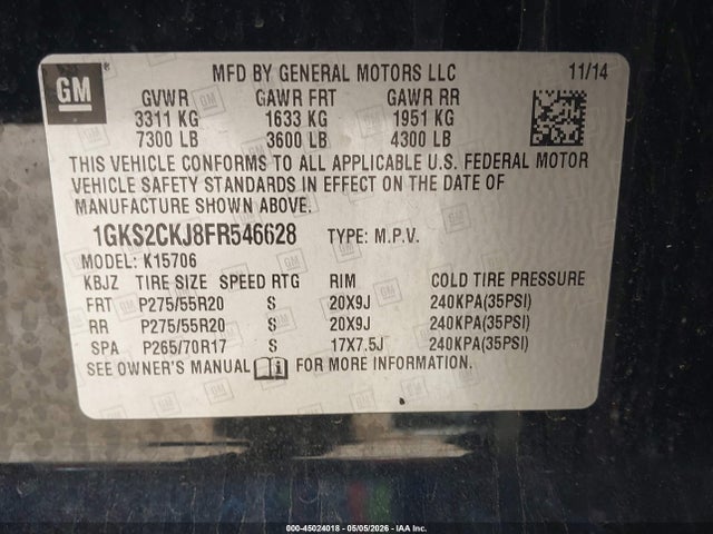 Aukcja sprzedaży 2015 Gmc Yukon Denali, vin: 1GKS2CKJ8FR546628, numer aukcji: 45024018