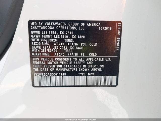 Продаж на аукціоні авто 2019 Volkswagen Atlas 3.6l V6 Se W/technology, vin: 1V2WR2CA6KC611148, номер лоту: 45024019