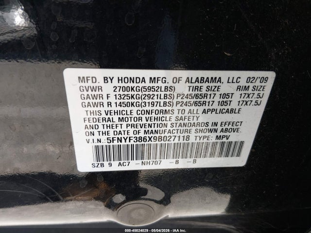 Продажа на аукционе авто 2009 Honda Pilot Ex-l, vin: 5FNYF386X9B027118, номер лота: 45024029
