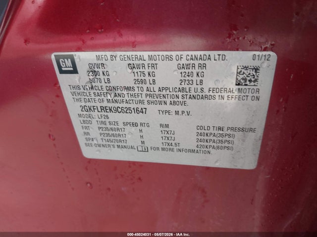 2012 Gmc Terrain Sle-1 მანქანა იყიდება აუქციონზე, vin: 2GKFLREK9C6251647, აუქციონის ნომერი: 45024031