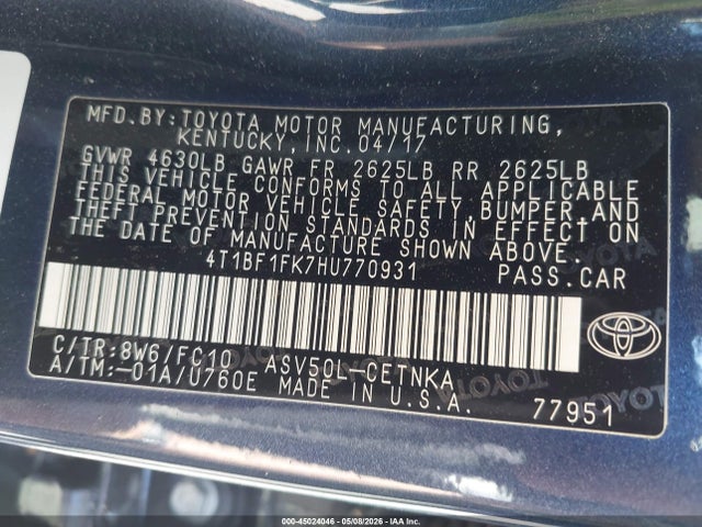 Aukcja sprzedaży 2017 Toyota Camry Le, vin: 4T1BF1FK7HU770931, numer aukcji: 45024046