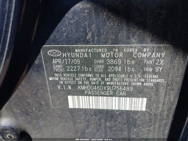 Продажа на аукционе авто 2009 Hyundai Elantra Gls, vin: KMHDU46DX9U756489, номер лота: 45024047
