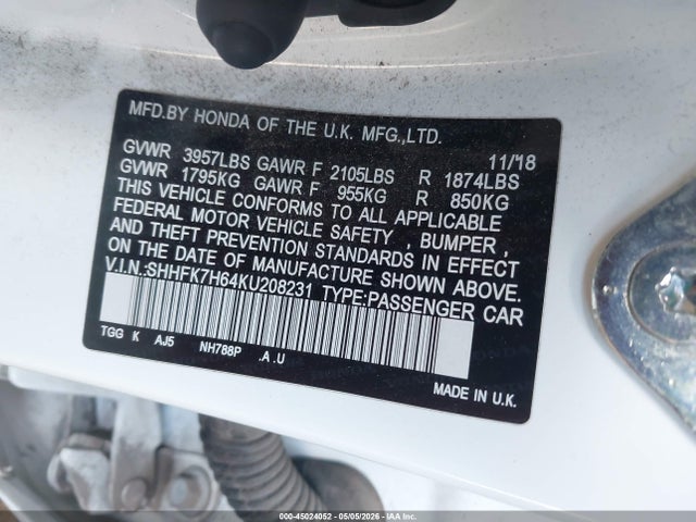 Продажа на аукционе авто 2019 Honda Civic Ex, vin: SHHFK7H64KU208231, номер лота: 45024052