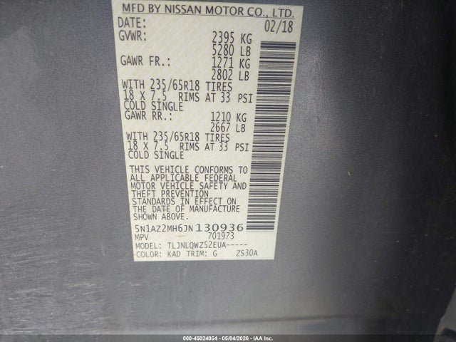 Aukcja sprzedaży 2018 Nissan Murano Sv, vin: 5N1AZ2MH6JN130936, numer aukcji: 45024054