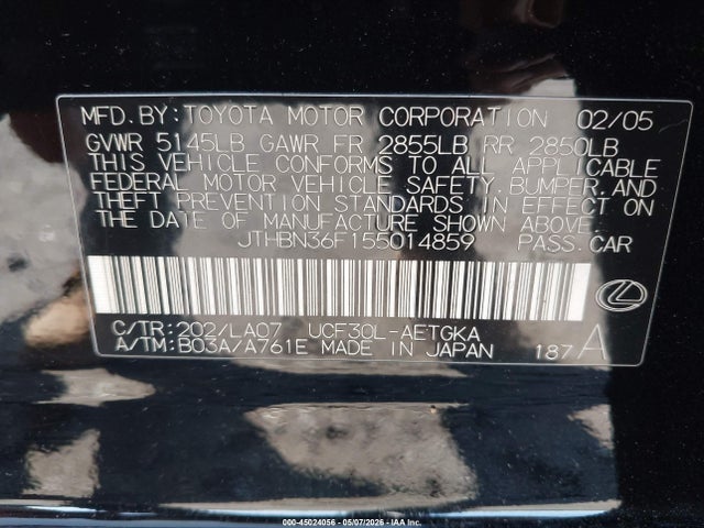 2005 Lexus Ls 430 მანქანა იყიდება აუქციონზე, vin: JTHBN36F155014859, აუქციონის ნომერი: 45024056