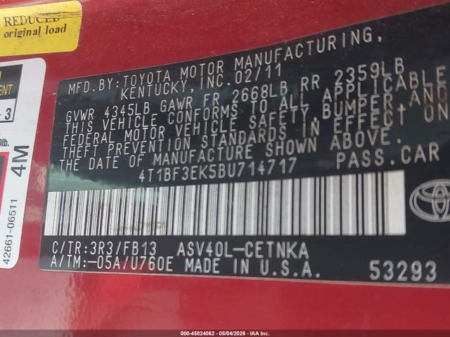 45024062 :رقم المزاد ، 4T1BF3EK5BU714717 vin ، 2011 Toyota Camry Le مزاد بيع