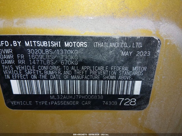 Aukcja sprzedaży 2023 Mitsubishi Mirage Le, vin: ML32AUHJ7PH006838, numer aukcji: 45024074