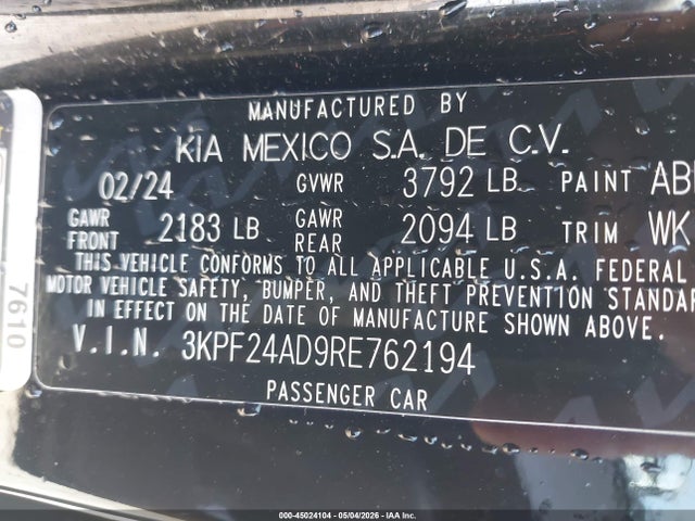 45024104 :رقم المزاد ، 3KPF24AD9RE762194 vin ، 2024 Kia Forte Lxs مزاد بيع