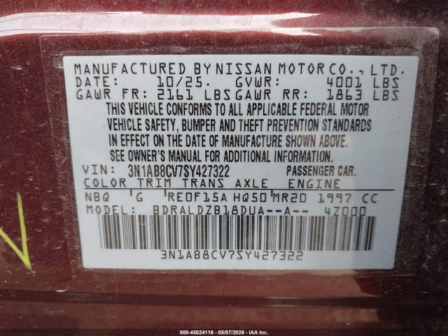 2025 Nissan Sentra Sv მანქანა იყიდება აუქციონზე, vin: 3N1AB8CV7SY427322, აუქციონის ნომერი: 45024116