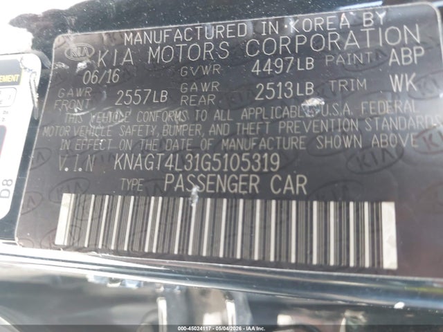 45024117 :رقم المزاد ، KNAGT4L31G5105319 vin ، 2016 Kia Optima Lx مزاد بيع