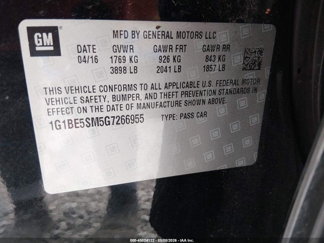 45024122 :رقم المزاد ، 1G1BE5SM5G7266955 vin ، 2016 Chevrolet Cruze Lt Auto مزاد بيع