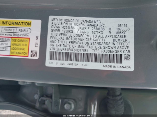 45024123 :رقم المزاد ، 2HGFE4F8XSH347884 vin ، 2025 Honda Civic Hybrid Sport/sport Touring مزاد بيع