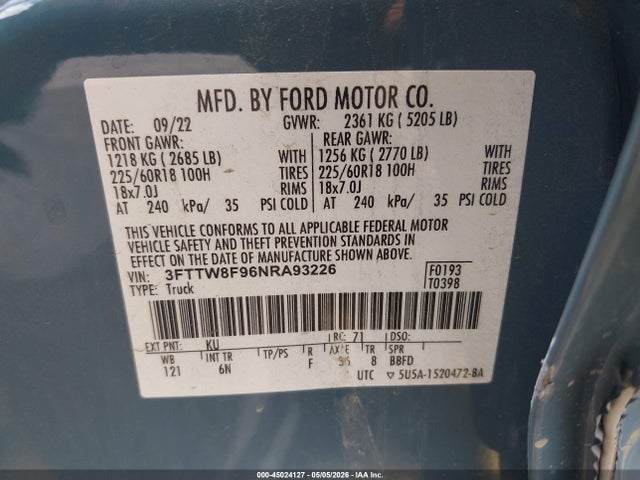 Aukcja sprzedaży 2022 Ford Maverick Lariat, vin: 3FTTW8F96NRA93226, numer aukcji: 45024127