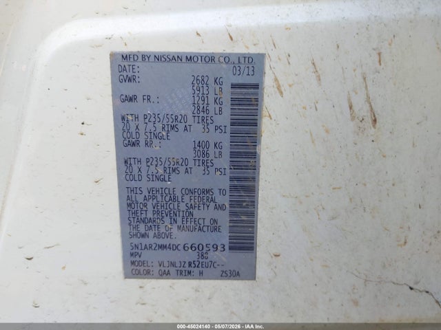 Продажа на аукционе авто 2013 Nissan Pathfinder Platinum, vin: 5N1AR2MM4DC660593, номер лота: 45024140