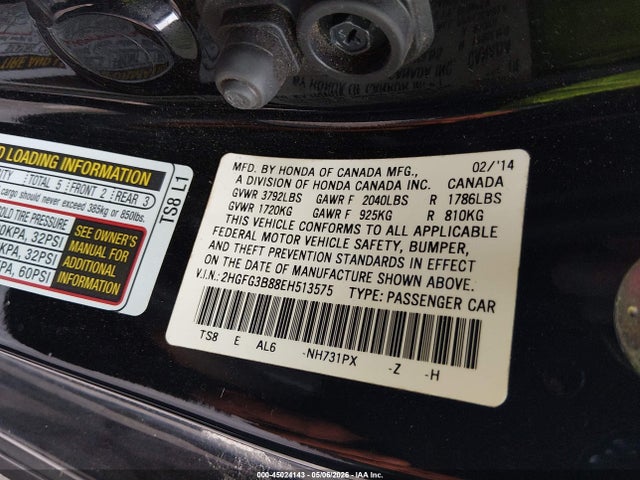 Aukcja sprzedaży 2014 Honda Civic Ex, vin: 2HGFG3B88EH513575, numer aukcji: 45024143