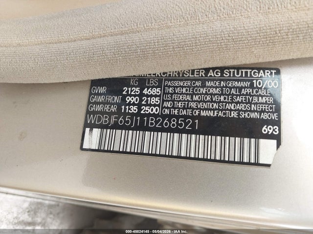 Aukcja sprzedaży 2001 Mercedes-benz E 320, vin: WDBJF65J11B268521, numer aukcji: 45024145