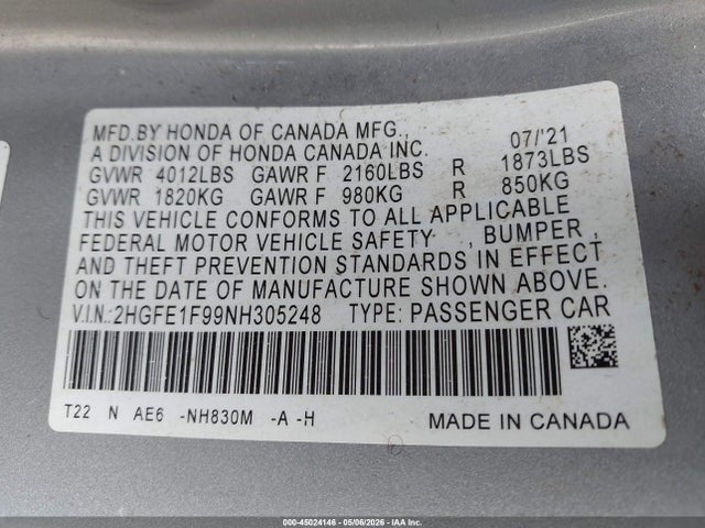Продаж на аукціоні авто 2022 Honda Civic Touring, vin: 2HGFE1F99NH305248, номер лоту: 45024146