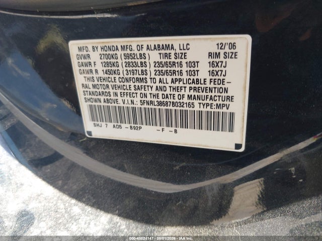2007 Honda Odyssey Ex-l მანქანა იყიდება აუქციონზე, vin: 5FNRL38687B032165, აუქციონის ნომერი: 45024147