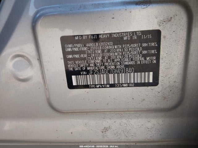 Продаж на аукціоні авто 2016 Subaru Forester 2.5i Premium, vin: JF2SJAGC7GH491840, номер лоту: 45024149