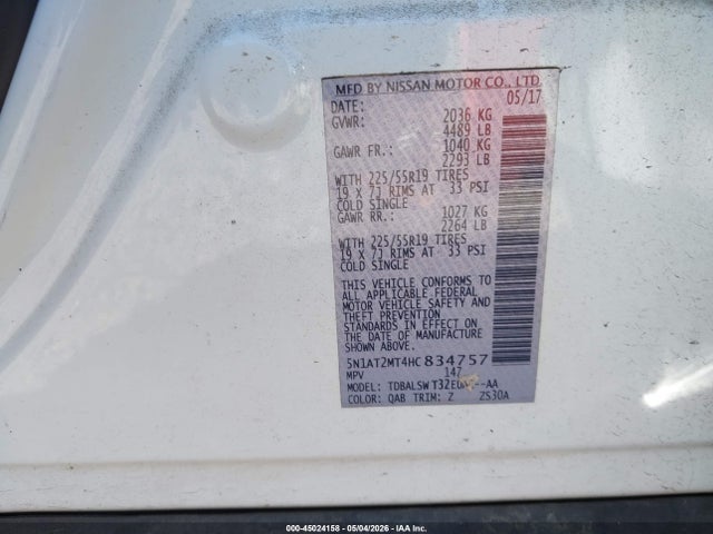 45024158 :رقم المزاد ، 5N1AT2MT4HC834757 vin ، 2017 Nissan Rogue Sl مزاد بيع