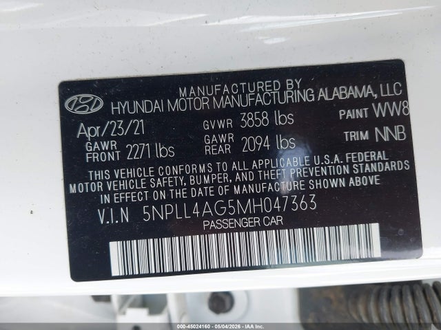 Aukcja sprzedaży 2021 Hyundai Elantra Se, vin: 5NPLL4AG5MH047363, numer aukcji: 45024160
