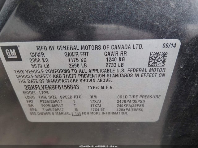 2015 Gmc Terrain Sle-1 მანქანა იყიდება აუქციონზე, vin: 2GKFLVEK9F6156843, აუქციონის ნომერი: 45024161