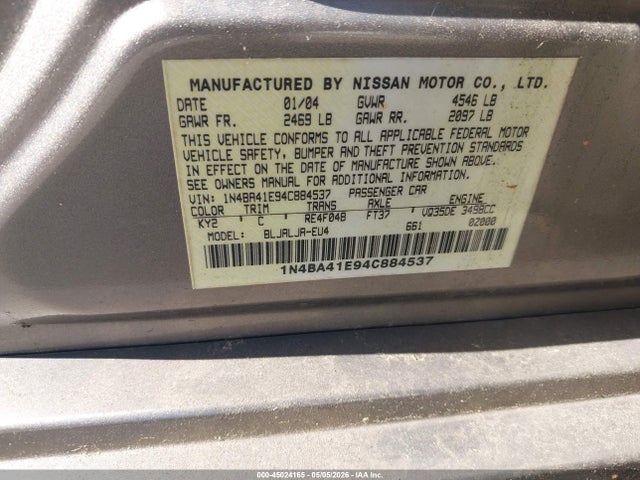 Продаж на аукціоні авто 2004 Nissan Maxima 3.5 Sl, vin: 1N4BA41E94C884537, номер лоту: 45024165