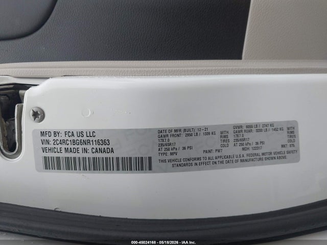 2022 Chrysler Pacifica Touring L მანქანა იყიდება აუქციონზე, vin: 2C4RC1BG6NR116363, აუქციონის ნომერი: 45024168