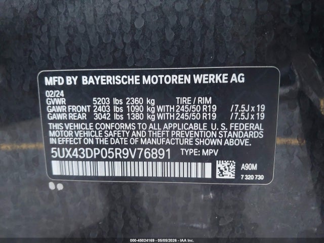 Aukcja sprzedaży 2024 Bmw X3 Sdrive30i, vin: 5UX43DP05R9V76891, numer aukcji: 45024169