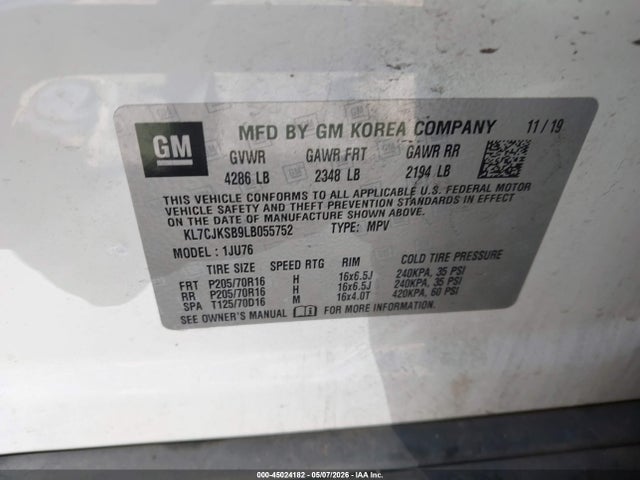 Aukcja sprzedaży 2020 Chevrolet Trax Fwd Ls, vin: KL7CJKSB9LB055752, numer aukcji: 45024182