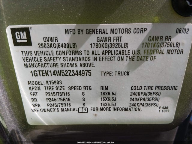 Aukcja sprzedaży 2002 Gmc Sierra 1500 Standard, vin: 1GTEK14W52Z344975, numer aukcji: 45024184