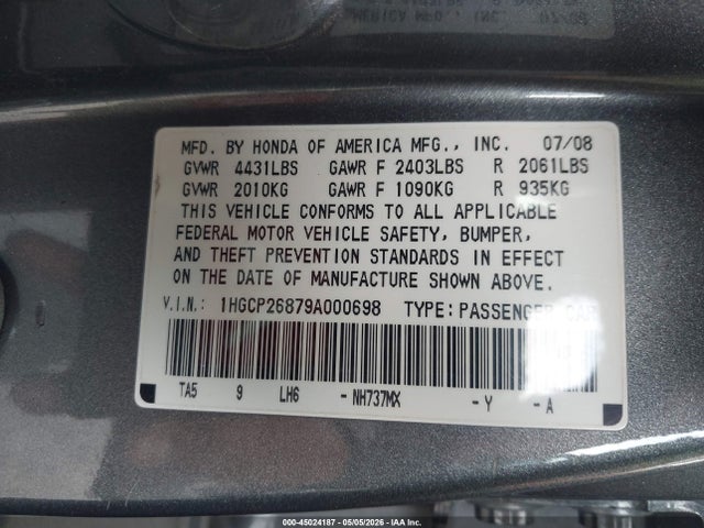 Продаж на аукціоні авто 2009 Honda Accord 2.4 Ex-l, vin: 1HGCP26879A000698, номер лоту: 45024187