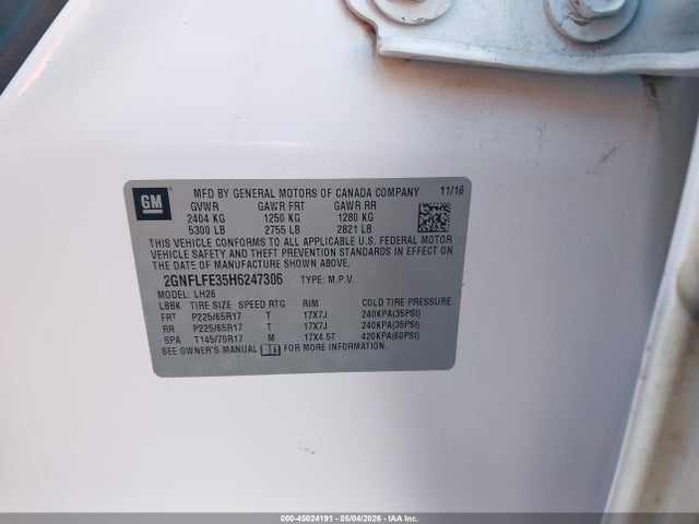 Aukcja sprzedaży 2017 Chevrolet Equinox Lt, vin: 2GNFLFE35H6247306, numer aukcji: 45024191