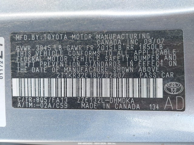 2008 Toyota Matrix მანქანა იყიდება აუქციონზე, vin: 2T1KR32E18C702807, აუქციონის ნომერი: 45024202