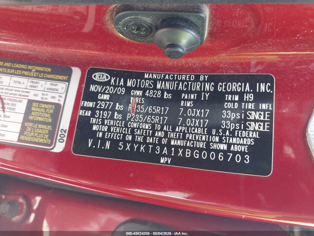 45024208 :رقم المزاد ، 5XYKT3A1XBG006703 vin ، 2011 Kia Sorento Lx مزاد بيع
