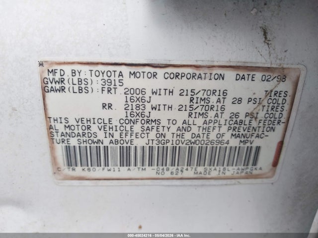 45024216 :رقم المزاد ، JT3GP10V2W0026964 vin ، 1998 Toyota Rav4 مزاد بيع