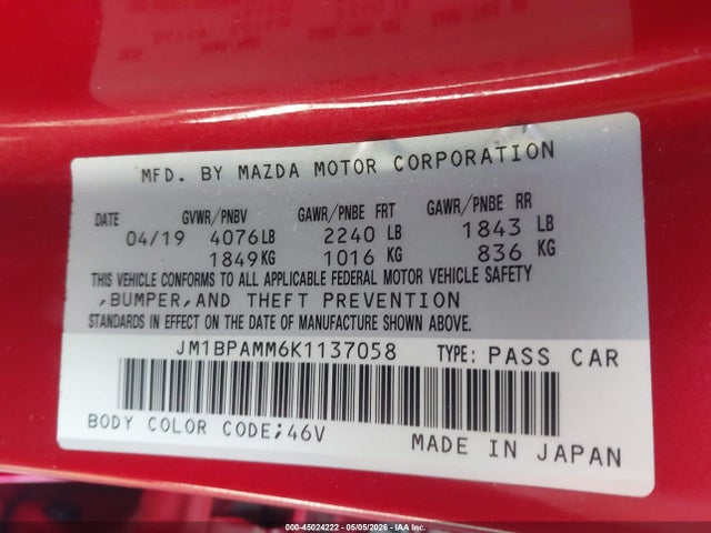 Aukcja sprzedaży 2019 Mazda Mazda3 Preferred Package, vin: JM1BPAMM6K1137058, numer aukcji: 45024222