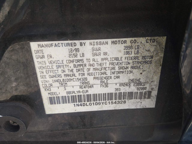 Aukcja sprzedaży 2000 Nissan Altima Gle/gxe/se/xe, vin: 1N4DL01D9YC154328, numer aukcji: 45024238