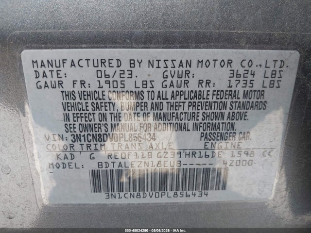 Aukcja sprzedaży 2023 Nissan Versa 1.6 S Xtronic Cvt, vin: 3N1CN8DV0PL856434, numer aukcji: 45024250