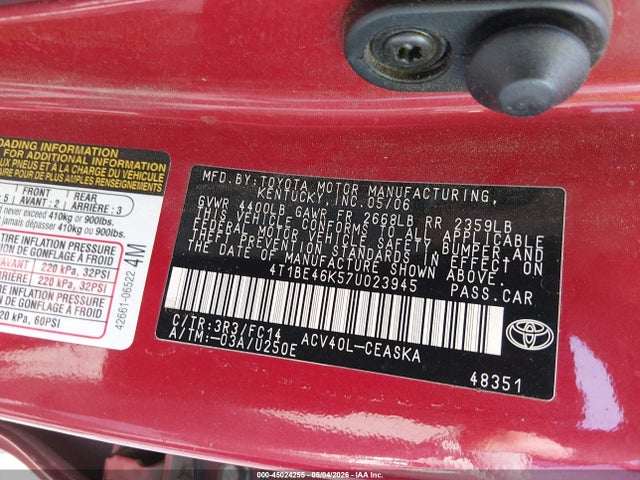 2007 Toyota Camry Se მანქანა იყიდება აუქციონზე, vin: 4T1BE46K57U023945, აუქციონის ნომერი: 45024255