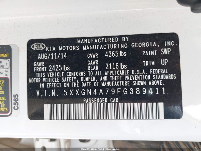 Продажа на аукционе авто 2015 Kia Optima Ex, vin: 5XXGN4A79FG389411, номер лота: 45024259